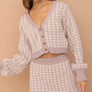 Lavender Checkered Cardigan and Skirt Set